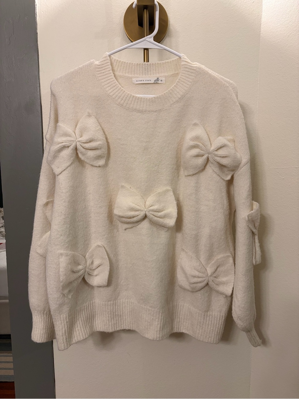 Altar'd State Ivory Bow-Appliqué Crewneck Sweater